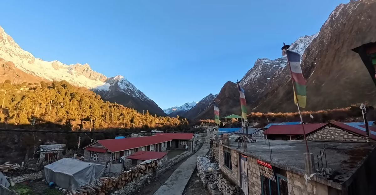 Traditional Himalayan village with mountain views on the Manaslu Circuit trek