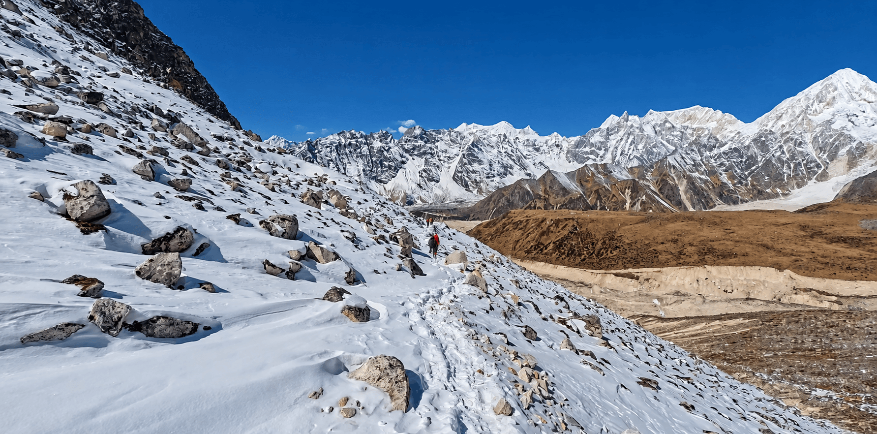 Snow-covered trekking trail near Larkya La Pass on the Manaslu Circuit Trek with Thrill Himalaya Treks.