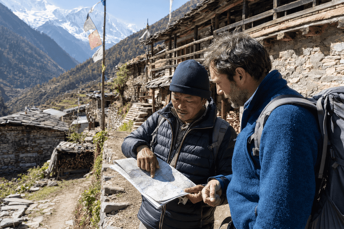 Thrill Himalaya guide helping a trekker plan the Manaslu Circuit Trek route and permits in Nepal