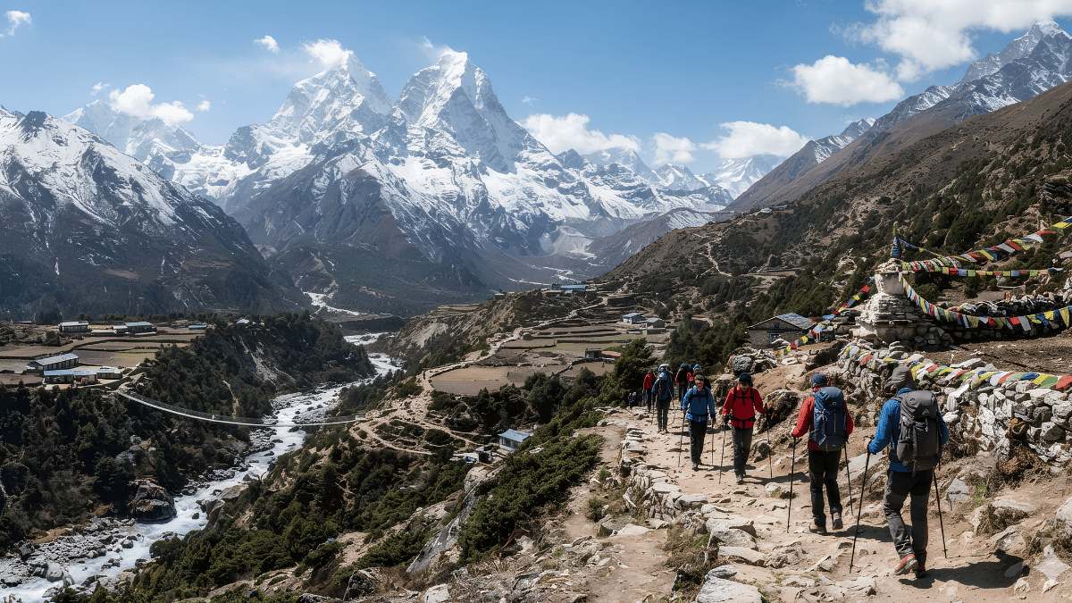 Hikers enjoying the Manaslu Circuit Trek with spectacular Himalayan mountain scenery in Nepal | Thrill Himalaya Treks