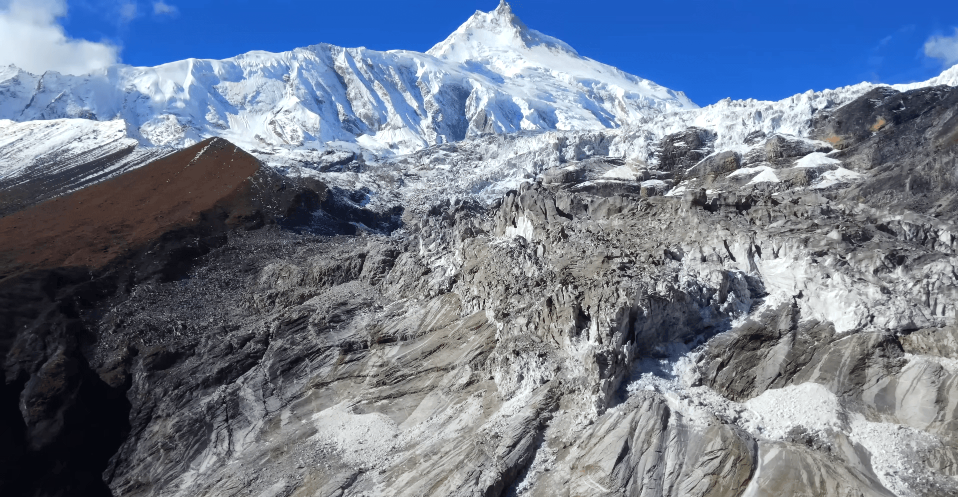 Close-up view of the Manaslu Glacier and Mount Manaslu during the Manaslu Circuit Trek in Nepal with Thrill Himalaya Treks.