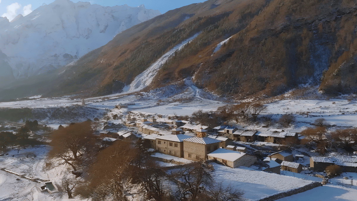 Sama Gaun Village on the Manaslu Circuit Trek beneath Mount Manaslu in Nepal | Thrill Himalaya Treks