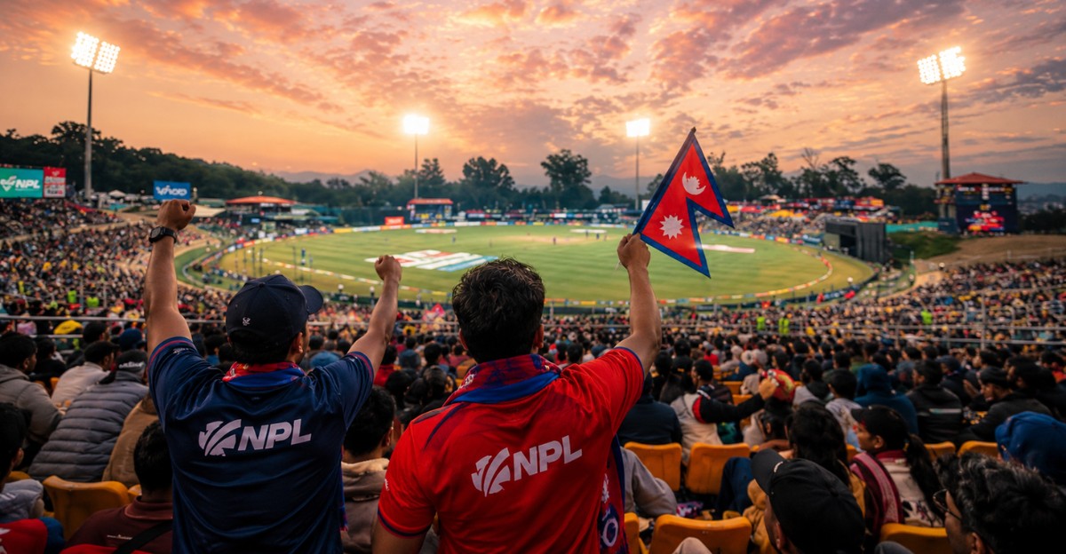 Cricket fans cheering and waving flags in the stands at the TU International Cricket Ground during a Nepal Premier League match in Kirtipur