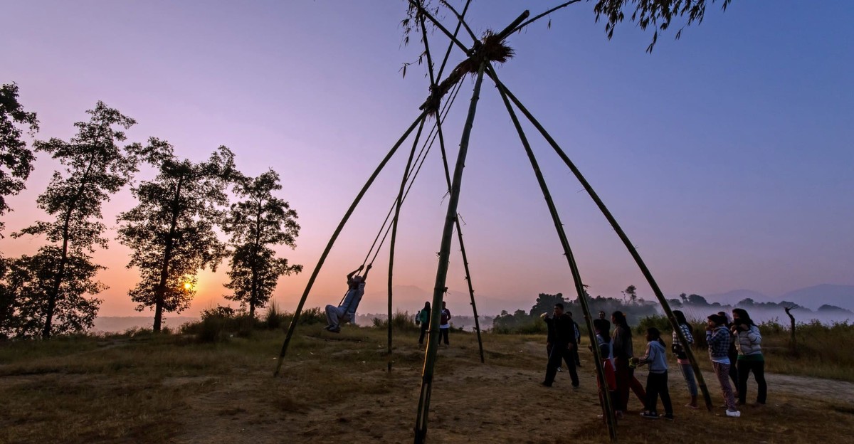 Traditional bamboo swing (linge ping) set up for Dashain festival celebrations in a village in Nepal