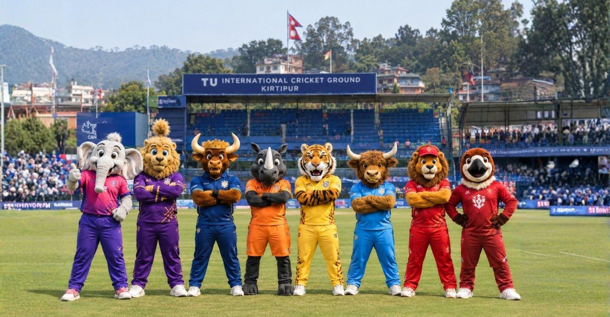 Official NPL mascot Jeet the snow leopard and team mascots at the TU International Cricket Ground in Kirtipur during Nepal Premier League Season 3