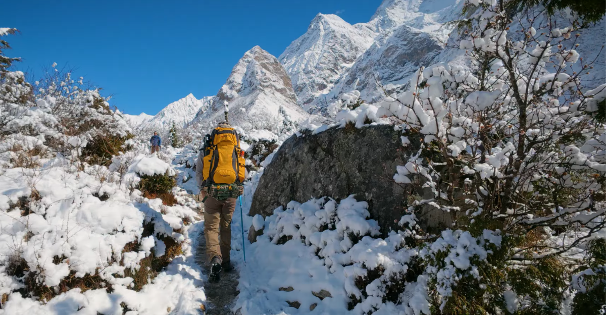 A lone trekker walking along a snowy mountain trail during winter in Nepal