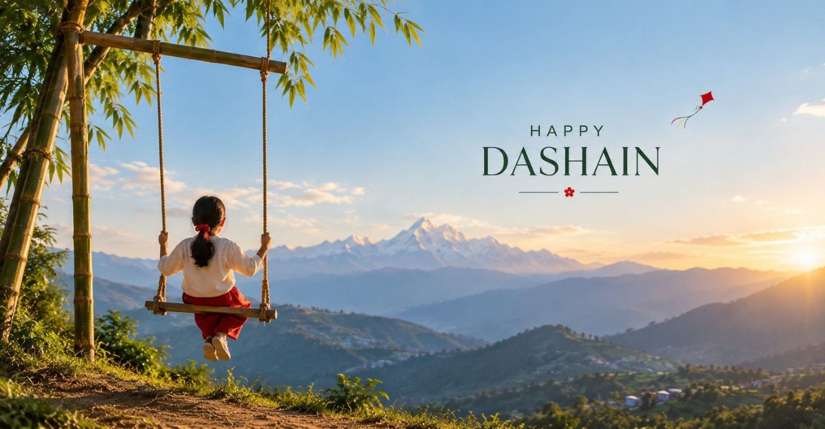 A family celebrating Dashain in Nepal with elders applying red tika and jamara, featuring festive decorations, kites, and a Himalayan mountain backdrop