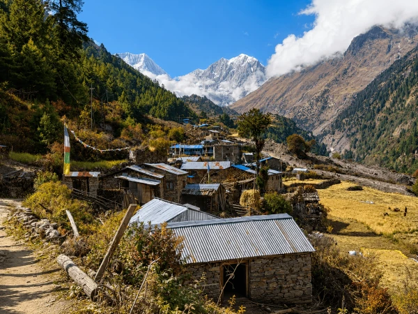 Traditional village in Tsum Valley during the 18 days Manaslu Circuit trek