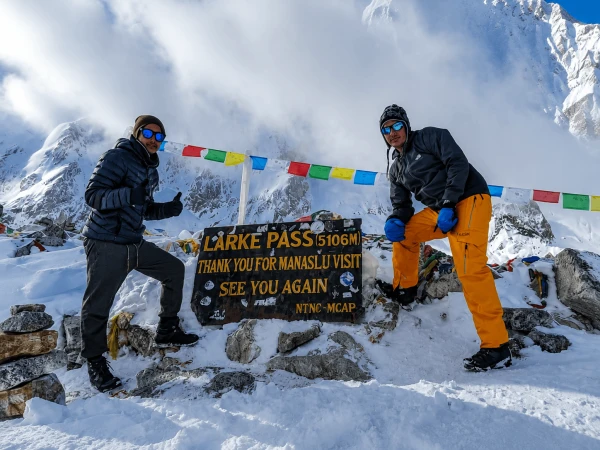 Thrill Himalaya Treks clients on the Short Manaslu Circuit Trek 10 Days crossing the Larkya La Pass in Nepal, optimized for 2026 and 2027 budget trekking packages.